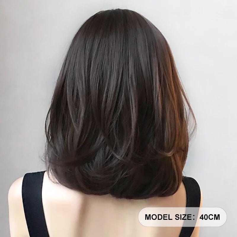 7jhh Wigs Short Straight Chocolate Bob Wig For Women Daily High Density Synthetic Layered Brown Hair Wigs With Neat Bangs