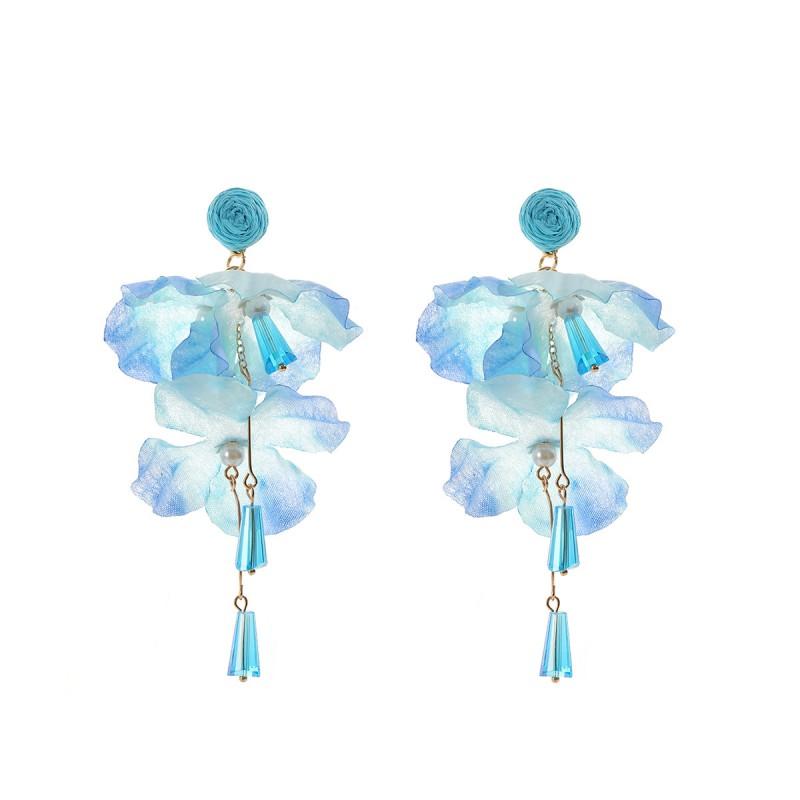 Layered Floral Pendant Earrings With Raffia Tassel Woven Boho Chic Drop Women 2026 Fashion Accessory Blue