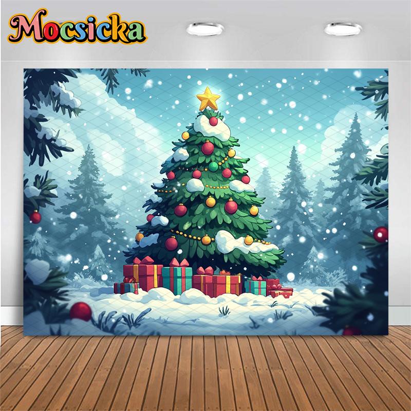 Mocsicka Big Christmas Tree Photography Background Winter Snow New Year Party Wallpaper Forest Gift Decoration Festival Backdrop