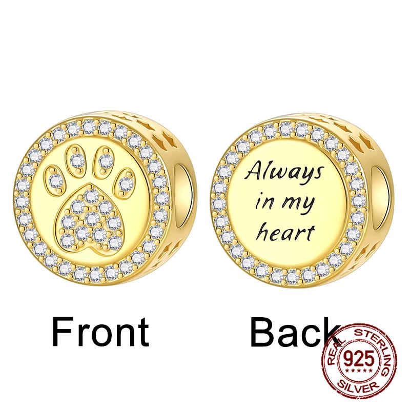 

copper Golden Zircon Pet Paw Always in My Heart Bead Charms Charm Compatible With Authentic Charm Bracelets Women Do It Yourself Jewellery Gift