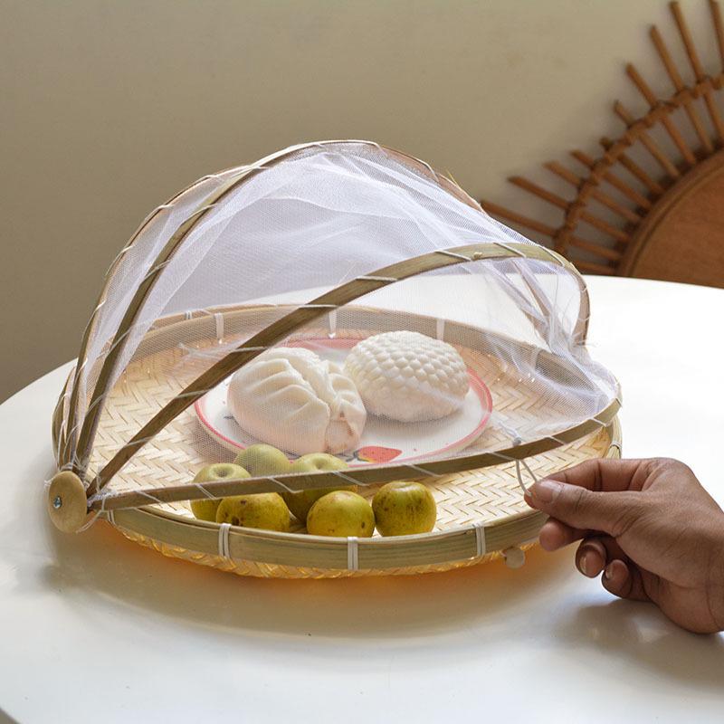 Bamboo Weaving Steamed Bun Drying Basket with Mosquito-Proof Cover