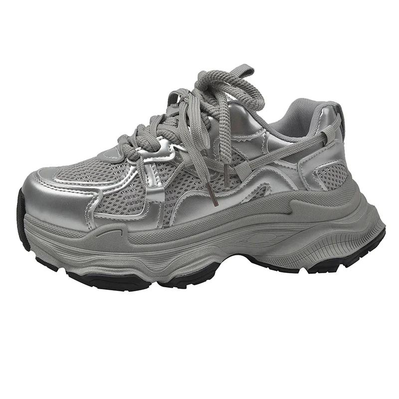 

Мода 2024 года, высококачественная женская обувь на шнуровке, женская вулканизированная обувь, осенняя дышащая сетчатая уличная платформа, повседневная спортивная обувь 40 серебряный