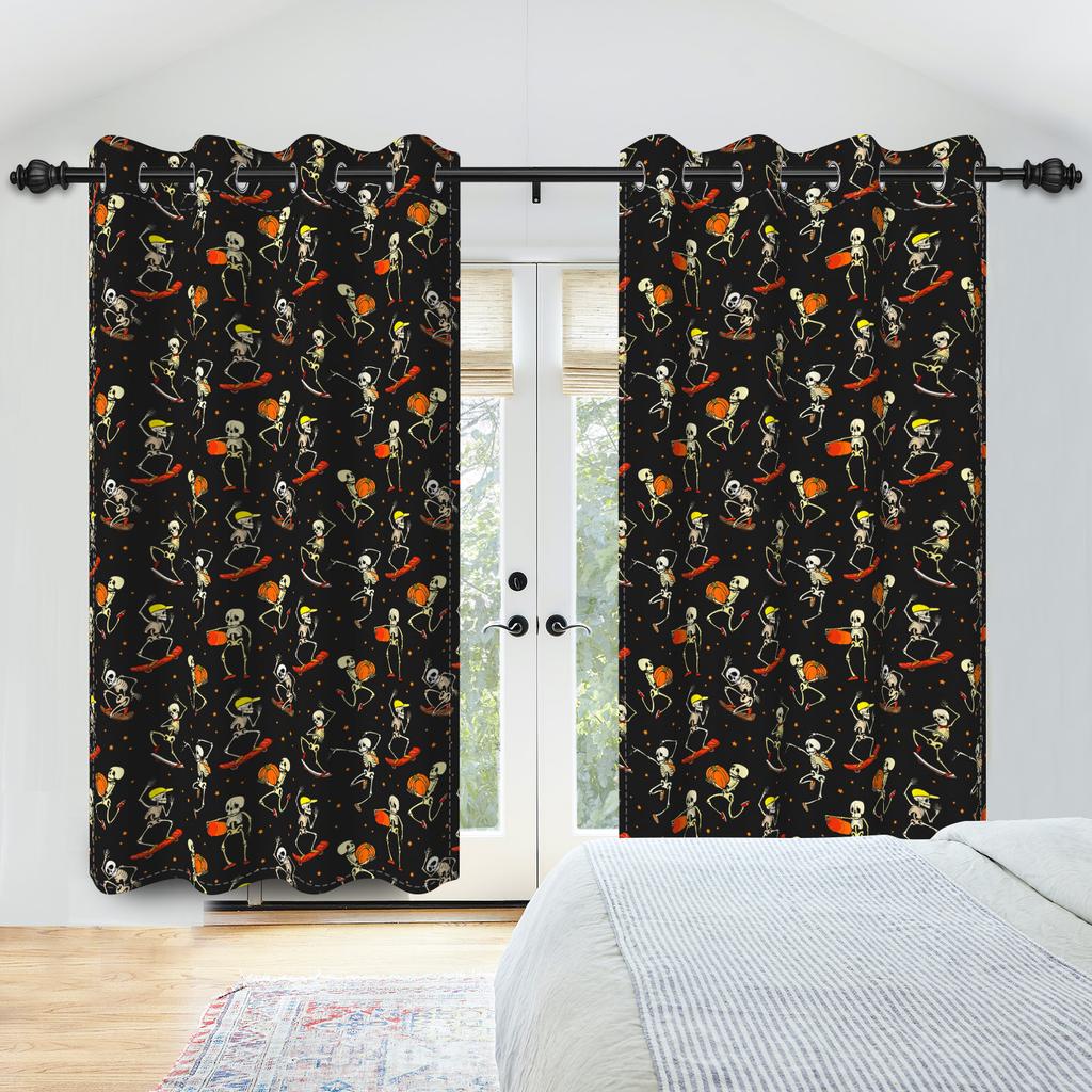 2pcs/set Skeleton Skull Black Window Curtain Horror Halloween Haunted House Home Bedroom Decor Blackout Polyester Fabric Curtain
