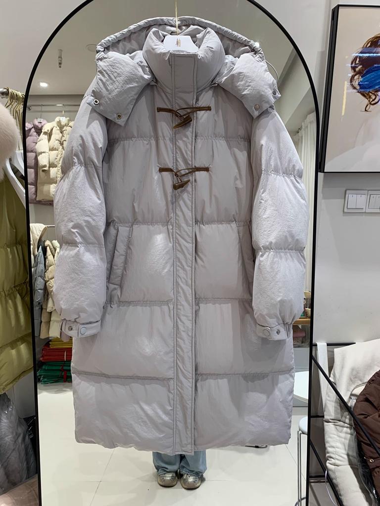 2024 Long Hooded Over Knee Down Jacket Women's Loose Skinny Sweet Fashion College Wind Corner Button Winter Jacket