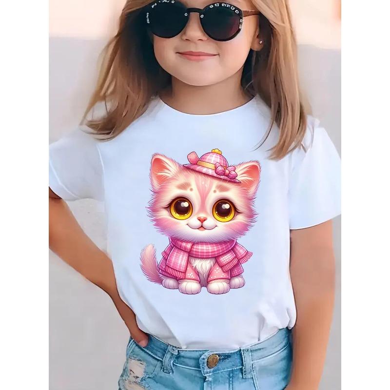 Summer Fashion Short-Sleeve T-Shirt for Girls Featuring a Print of a Little Cat with a Hat And Scarf Perfect for a Casual And Versatile Look