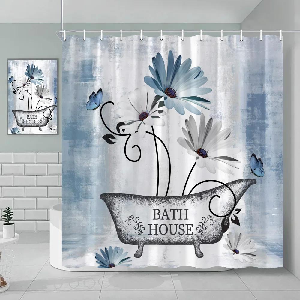 Watercolor Floral Shower Curtain Wooden Butterfly Daisy Rustic Blue Flower Farmhouse Wooden Vintage Farm Bathroom Decoration
