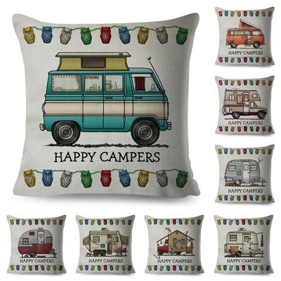 Poszewka na poduszkę Happy Camper Dekor Kreskówka Podróż Samochód Nadrukowana Poszewka na poduszkę do Domu Sofa Pokój Dziecięcy Poliestrowa Poszewka na poduszkę 45x45cm