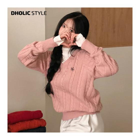 V-neck embroidery cable knit p618609 Women s [tops] Tops Long sleeve knit V-neck cable knit Loose fit Rib hem Casual Adults Going out Mix and match