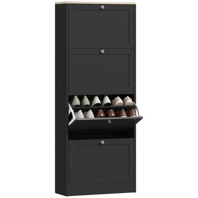 Shoe Cabinet 24 Pairs, Shoe Cabinet with 4 Flip-down Drawers, Adjustable Shelves, 60x23.5x153cm, Black