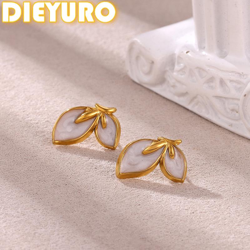 DIEYURO 316L Stainless Steel White Drip Oil Simple Flower Leaf Earrings Lady Waterproof Fashion Ear Studs Jewelry Glamorous