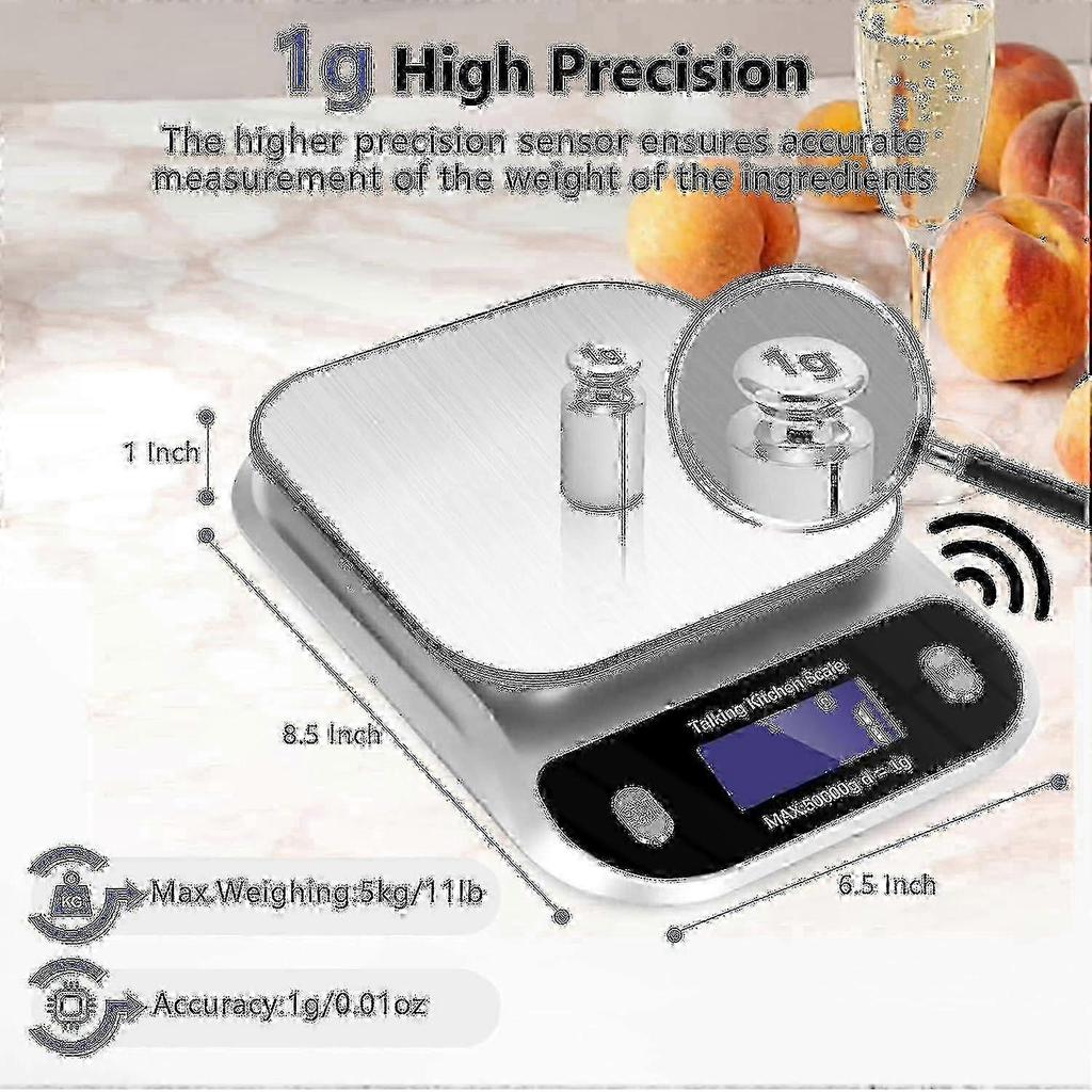 Talking Kitchen Scale 5kg/11lb Digital Food Scale with Voice for Cooking Baking Measures In Grams and Ounces Clear Voice Talking Scale W