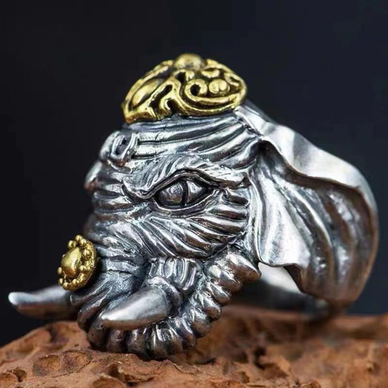 Adjustable Open Ring Men Women Vintage Elephant Motif Geometric Plated Statement
