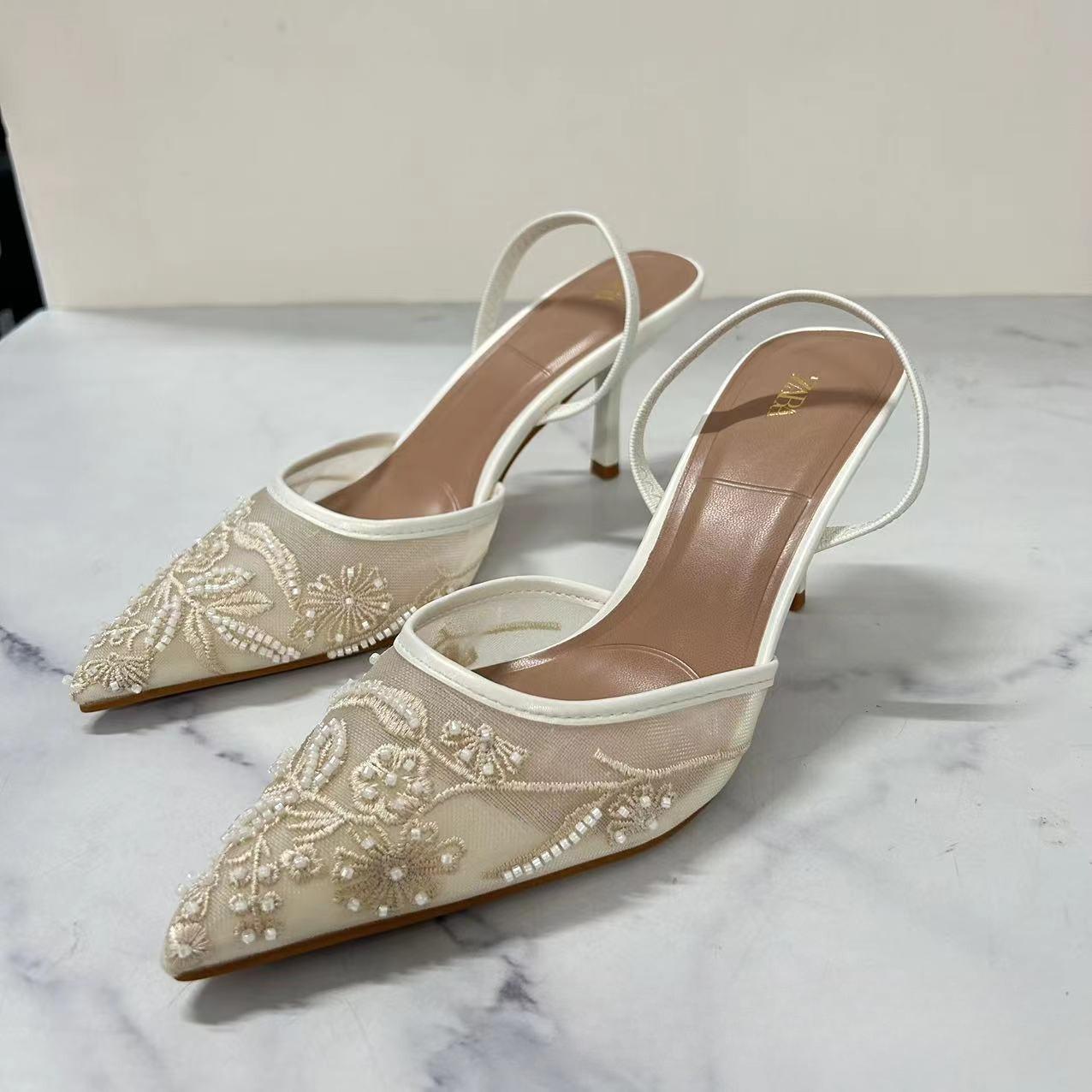 

Design Mesh Embroidered Flowers Sandals Women Breathable 2026 Summer Slingback Pumps Women Sexy Pointed Toe Thin High Heels 35 белый