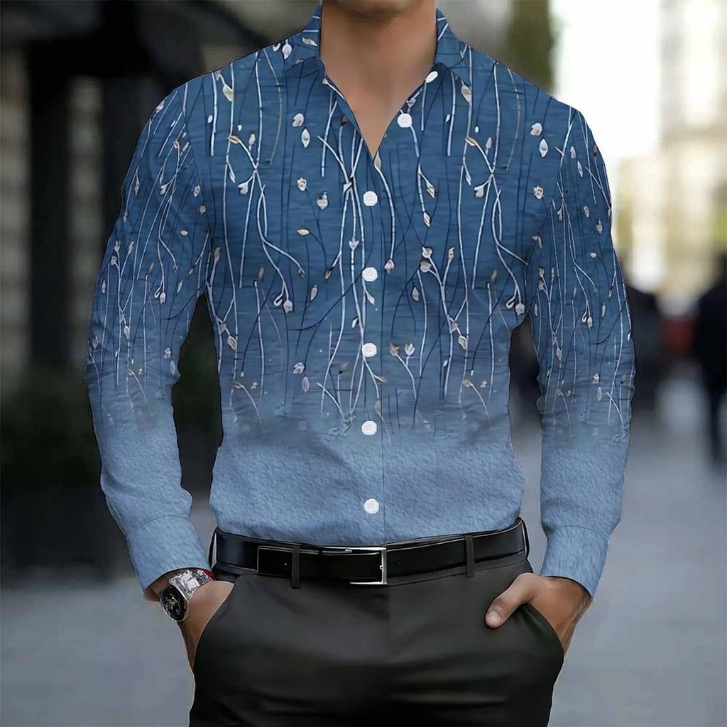 Men Collared Shirt Black Pink Floral White Star Print Long Sleeve Button Down Top
