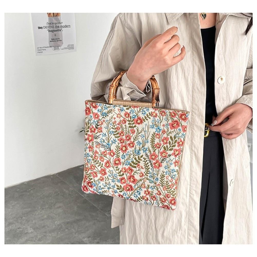 Cloth Material Bamboo Knot Handbag Floral Flower Print Artistic Jacquard Tote Bag Vintage Large Capacity Chinese Style Tote