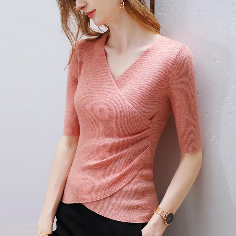 Bottom Shirt Women's Spring and Autumn New Women's Clothing Medium-sleeved Wool Sweater Design Sense Cross V-neck Waist Top