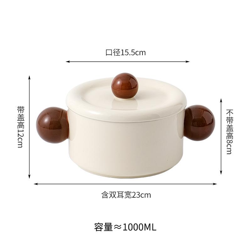 Wind Ceramic Binaural Large Soup Bowl, Household Soup Basin, Student Dormitory Instant Noodle Bowl, Snail Powder With Lid, Gift Tableware