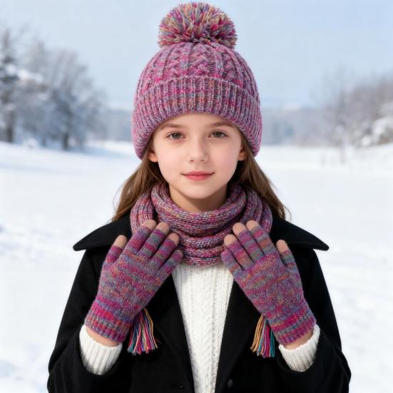 3Pcs/Set Kids Hat Scarf Gloves Set Rainbow Twist Texture Plush Ball Decor Knitting Hat Long Scarf Winter Gloves Set