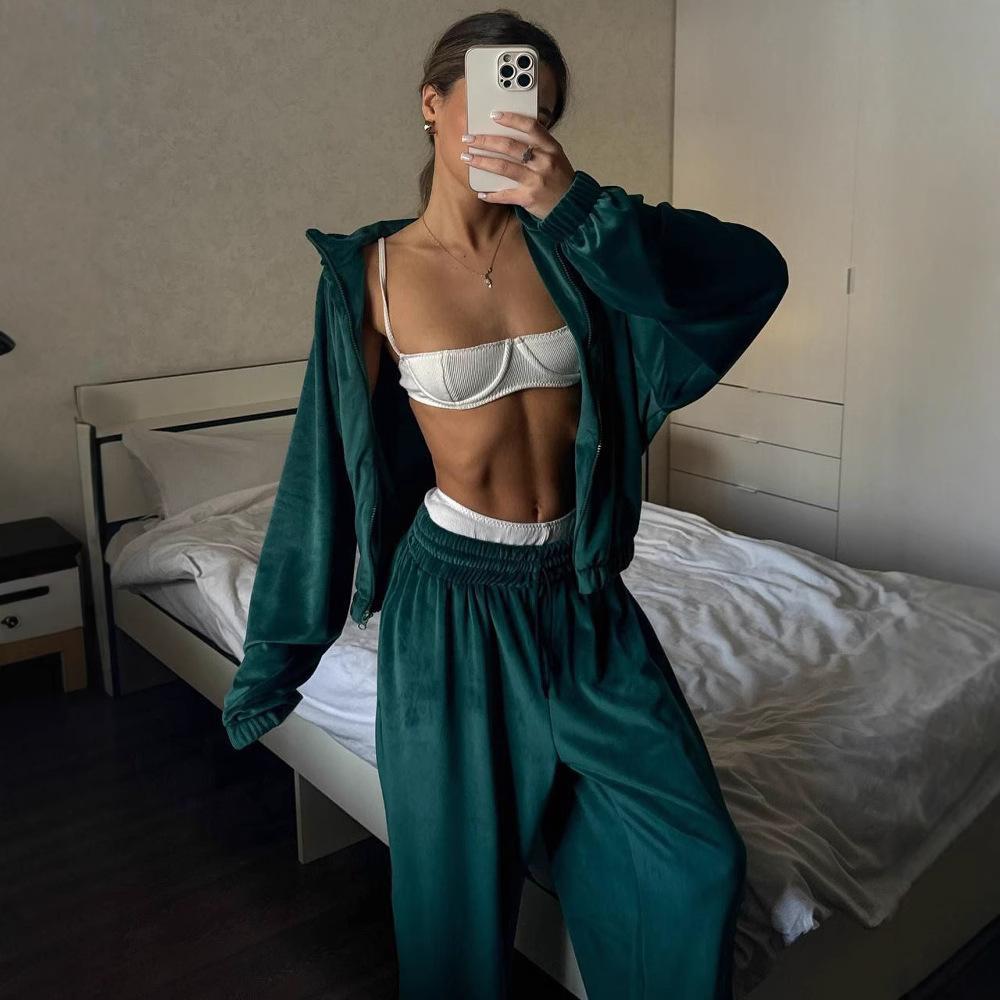 Women's Casual Two Piece Set Solid Long Sleeve Zip Up Cardigan Jacket Sweatpants Tracksuit