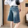 Patchwork 5-Point Denim Shorts, Women's High-Waisted Retro Loose Fit, Summer Thin Wide-Leg Mid-Length.