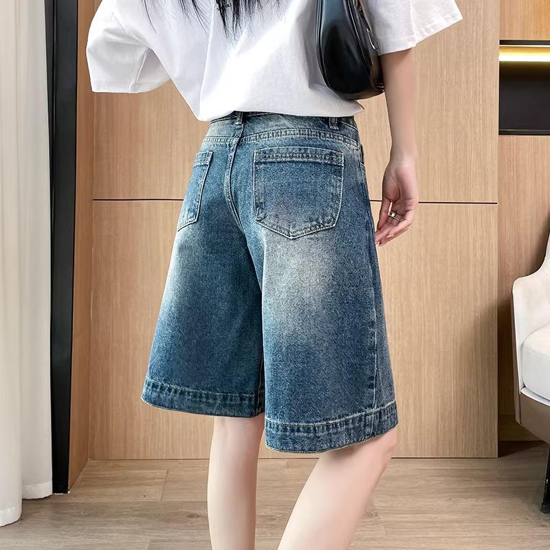 Patchwork 5-Point Denim Shorts, Women's High-Waisted Retro Loose Fit, Summer Thin Wide-Leg Mid-Length.