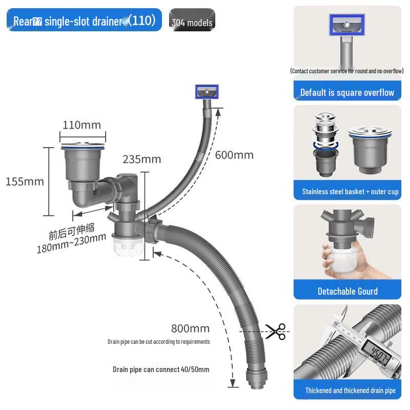 LISM Retractable Stainless Steel Single Sink Drain Pipe