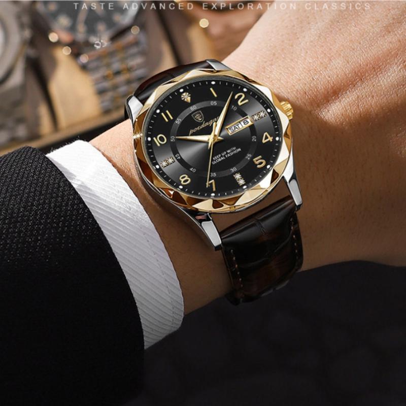 2024 Neue Trendmode Luxus-Herrenuhr Leuchtende wasserdichte Dual-Kalender-Ultradünne diamantverzierte Leder-Herrenuhr mit Automatikwerk