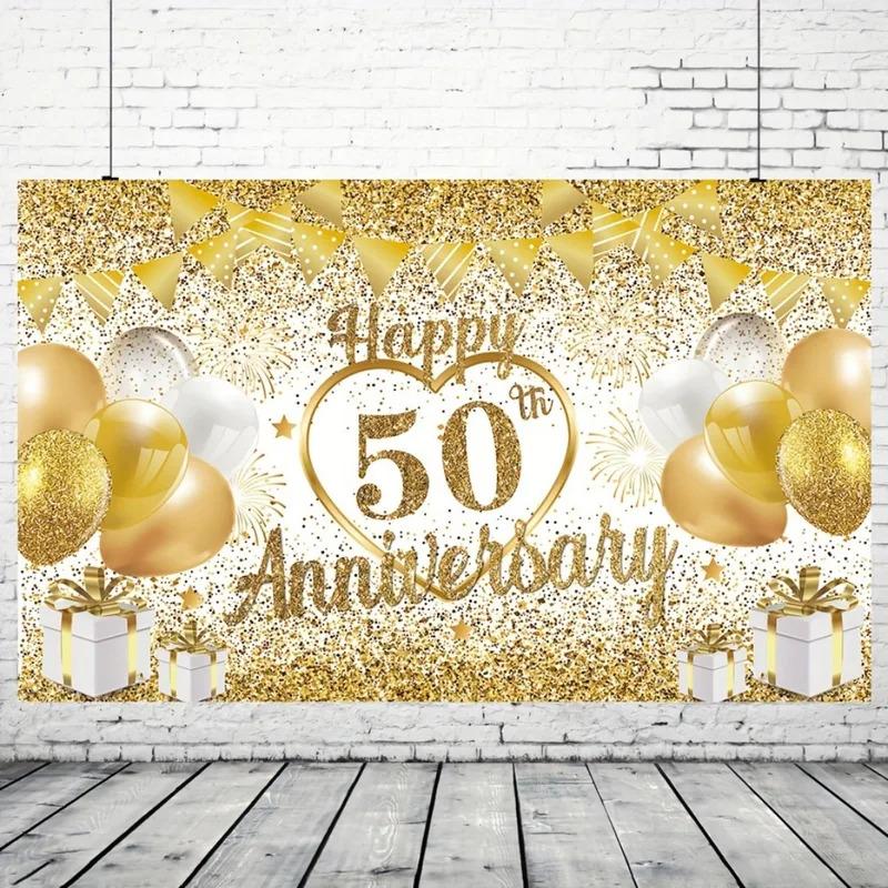 Un fondale nuziale piatto 2D in poliestere per il 50° anniversario e banner dorato, augurandoti un felice 50° anniversario, wsj