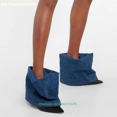 2025 New Women's Denim Boots Color Matching Pointed Toe Stiletto Heel Short Boots Catwalk Style Trouser Turned-Over Edge Boots