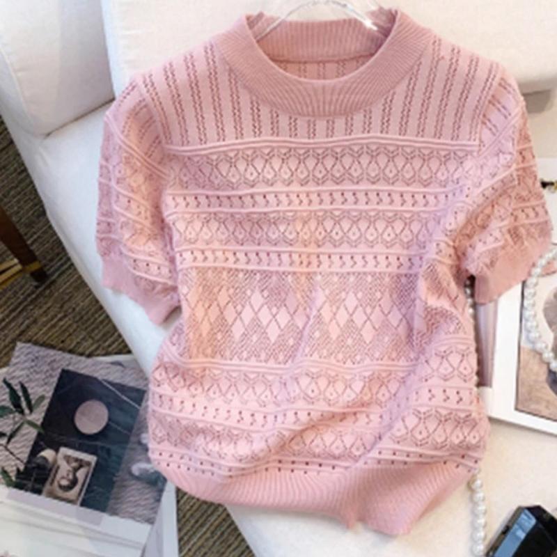 Summer Thin Hollow Out Crew Neck Pullover Sweater Versatile Short Sleeve Knitted Top for Spring & Women's Clothing