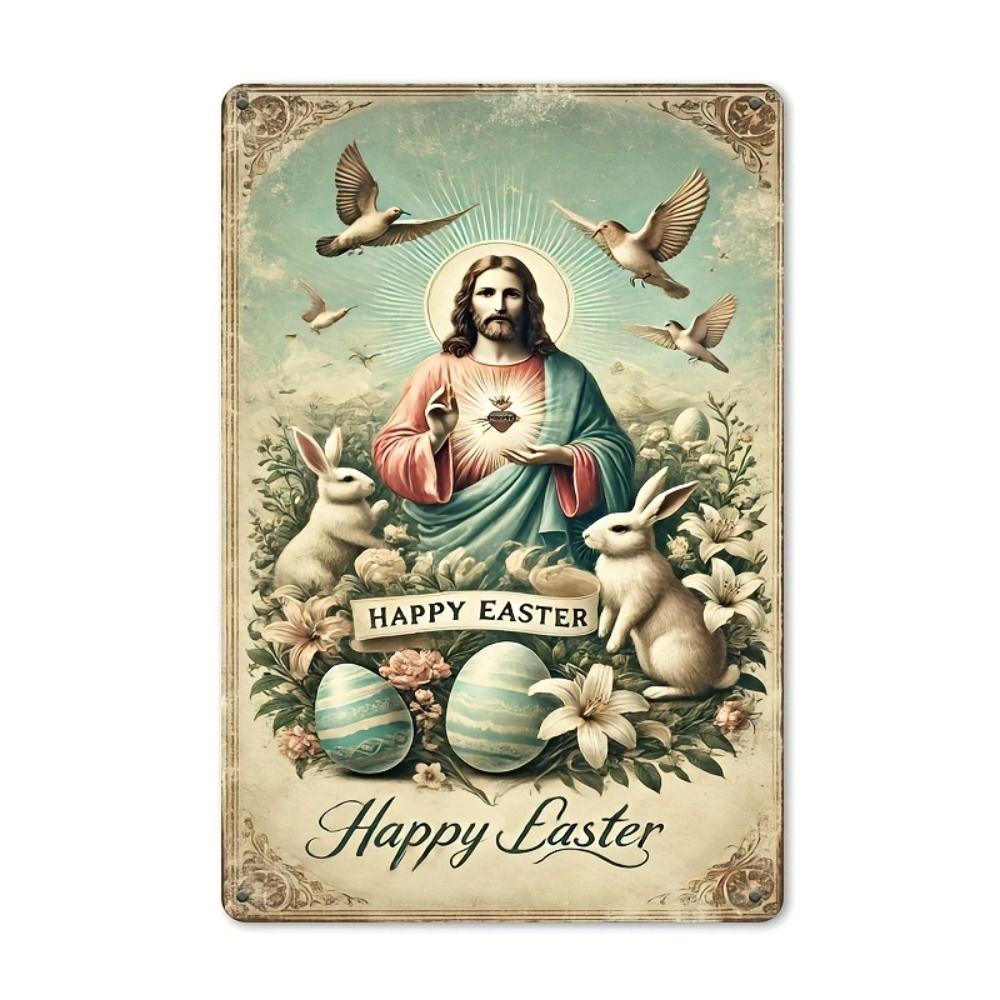 Tin Sign Retro Easter Rabbit Floral Wall Art Home Holiday Decor Metal Poster