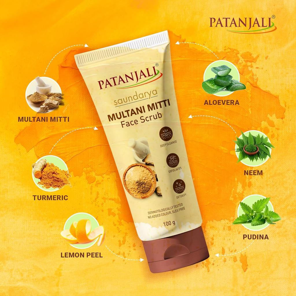 Patanjali Saundarya Multani Mitti Face Scrub 100g Pack of 1 for Glowing Smooth Natural Skin Care