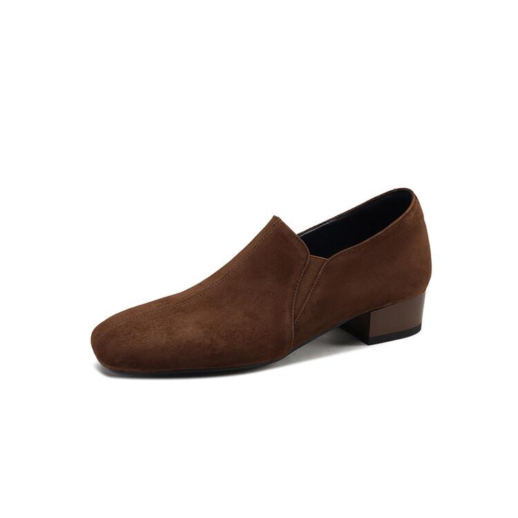 

Fashion NEW Spring/Autumn Women Loafers Sheep Suede Leather Shoes for Women Square Toe Chunky Heel Soft Shoes Black Elegant Women Pumps 42 коричневый