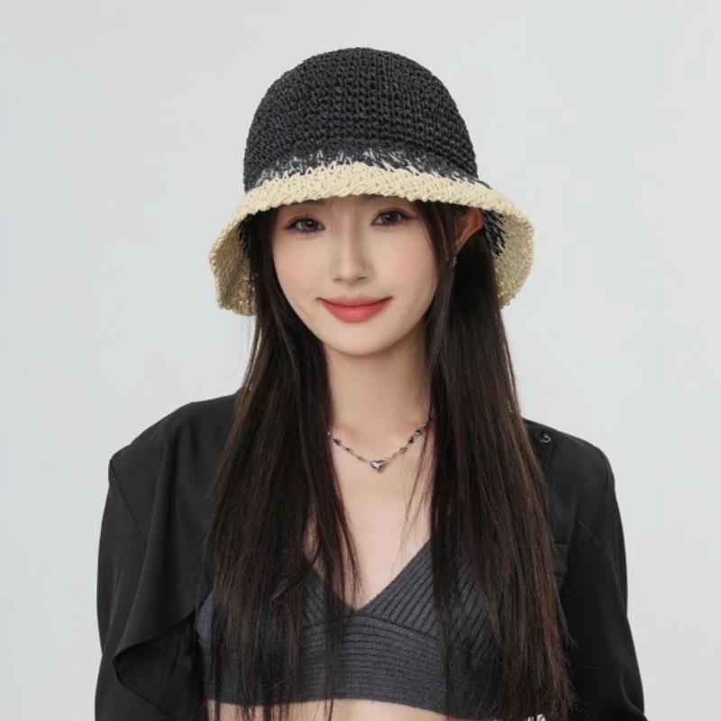 Purple Straw Hat for Women's Summer Outings Sun Protection and Shade Beach Fisherman Hat Color Blocked Grass Woven Basin Hat