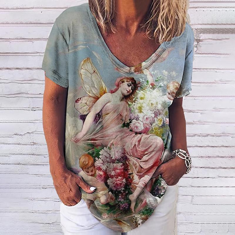 

Жіночі футболки з 3D-принтом Літня футболка з V-подібним вирізом і короткими рукавами Вінтажна жіноча футболка з Ісусом Христом Повсякденна вулична верхня сорочка XL