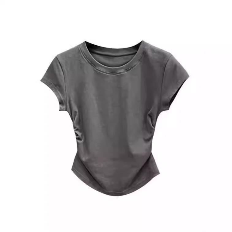 Hot Girl Pure Desire Slim Fit Waist-Cinching Short Sleeve T-Shirt - Women's Trendy Solid Color Summer Pullover