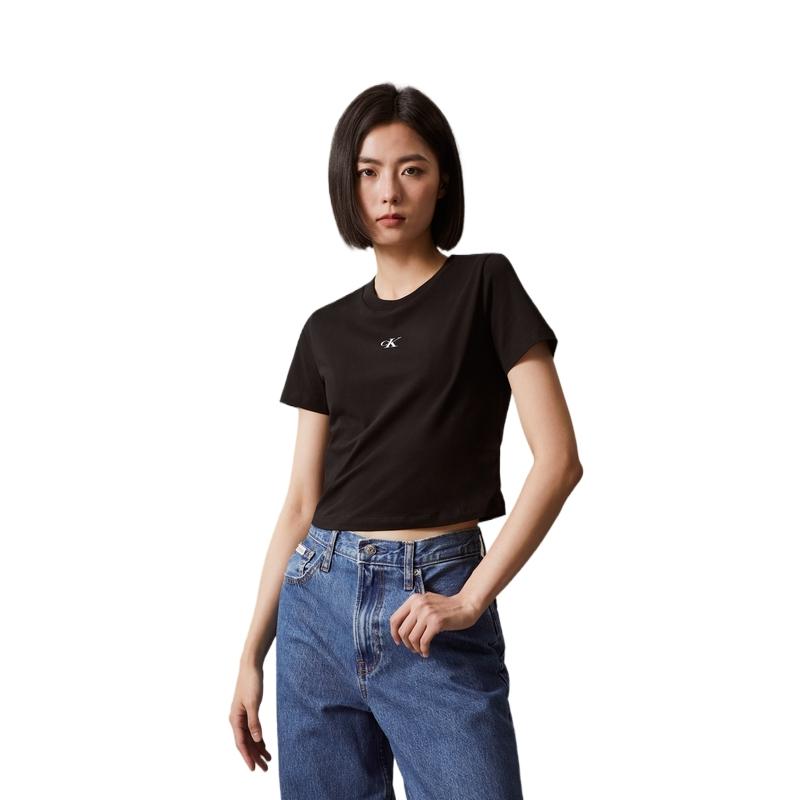 Calvin Klein Lässiges T-Shirt mit Rundhalsausschnitt und Buchstaben-Print für Damen, kurzärmlig, Schwarz, J221837-BEH
