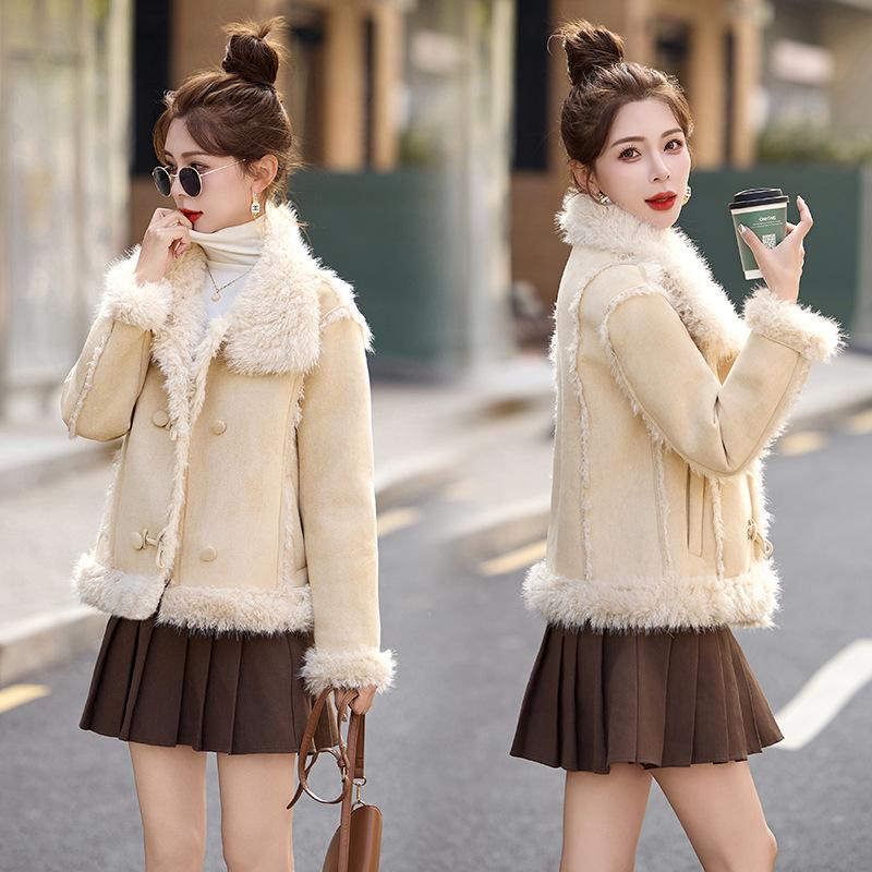 

Женская зимняя куртка из искусственной замши с подкладкой из искусственной овчины - Толстая, теплая, модная, короткая с отложным воротником L (115-130 lbs)