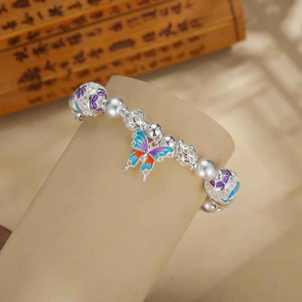 Exquisite Chinese-Style Enamel Butterfly Bracelet In Silver-Plated White Copper