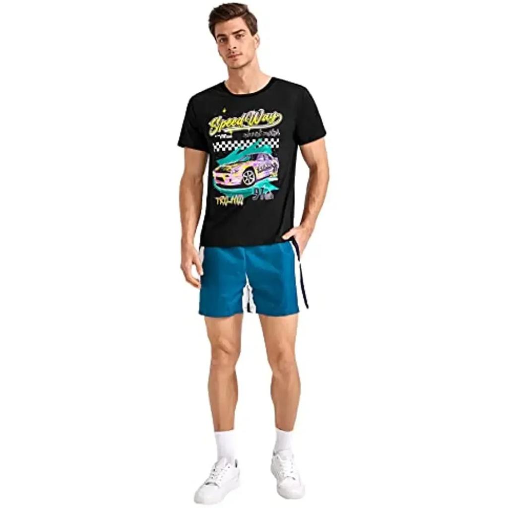 Men Car Letter Graphic Print Short Sleeve Round Neck T Shirt Tee Graphic T Shirts Men Clothing Cotton Daily Four Seasons