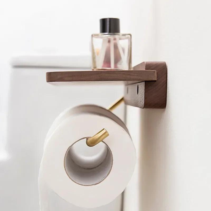 Punch-free Solid Wood Tissue Holder Restroom Wall Paper Towel Holder Toilet Paper Storage Stand Shelf Bathroom Accessories