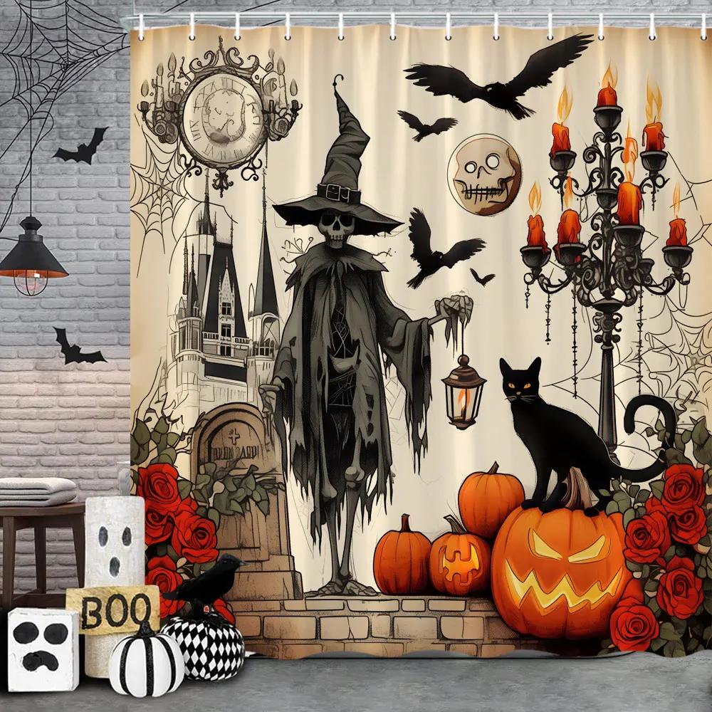 Scary Halloween Shower Curtain Vintage Skulls Eagles Pumpkins Roses Boho Polyester Fabric Bath Curtain Bathroom Decor with Hoo