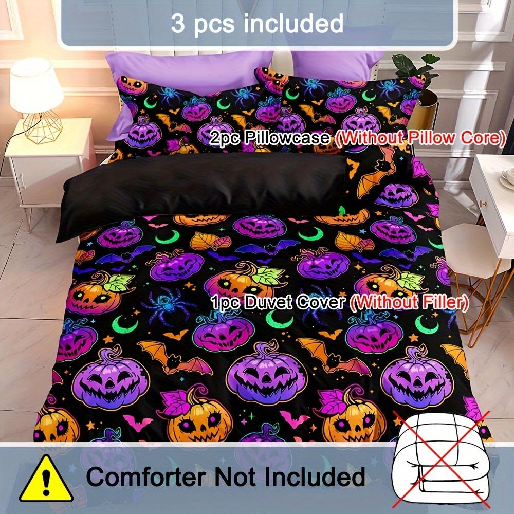 Bettbezug-Set mit Halloween-Motiv, Bettwäscheset mit Cartoon-Kürbis- und Fledermaus-Aufdruck, weich, bequem, atmungsaktiv, Bettbezug für Schlafzimmer