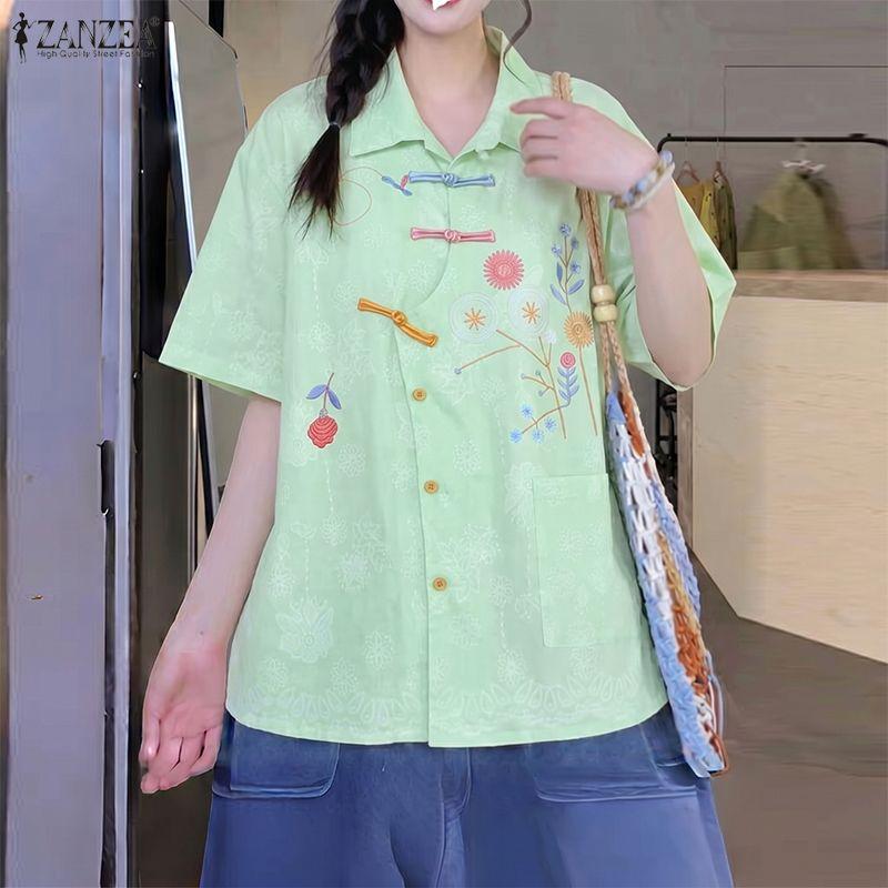 ZANZEA Women Casual Turn Down Collar Loose Short Sleeve Floral Print Blouse