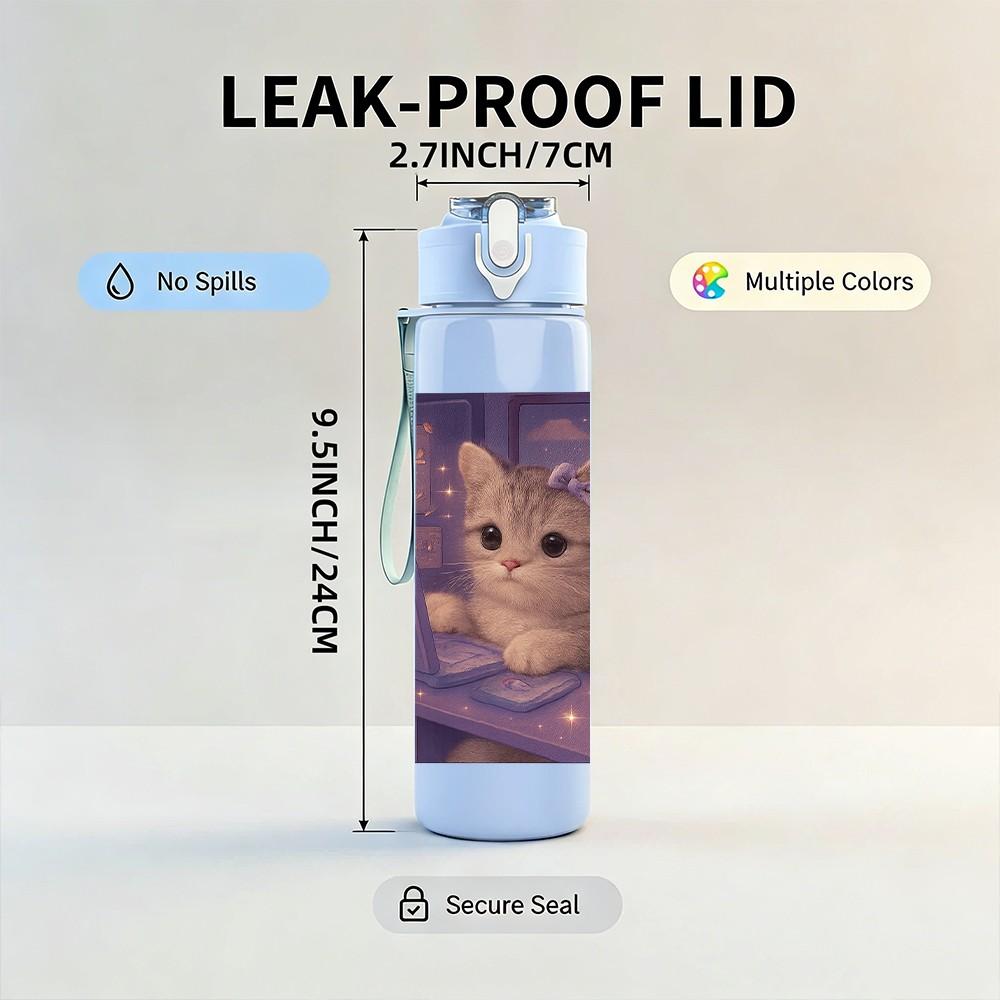 1PC Cat Night Window Indoor Art 750ml Color Plastic Sports Water Bottle Leakproof Flip Straw Lid Suitable for Sports Office Home Use