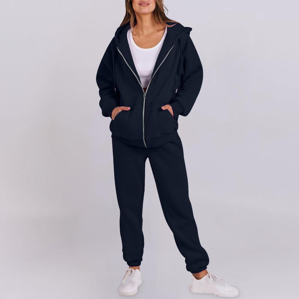Women's Fashion Hooded Long Sleeve Color Zipper Elastic Waist Loose Sweatshirt Set
