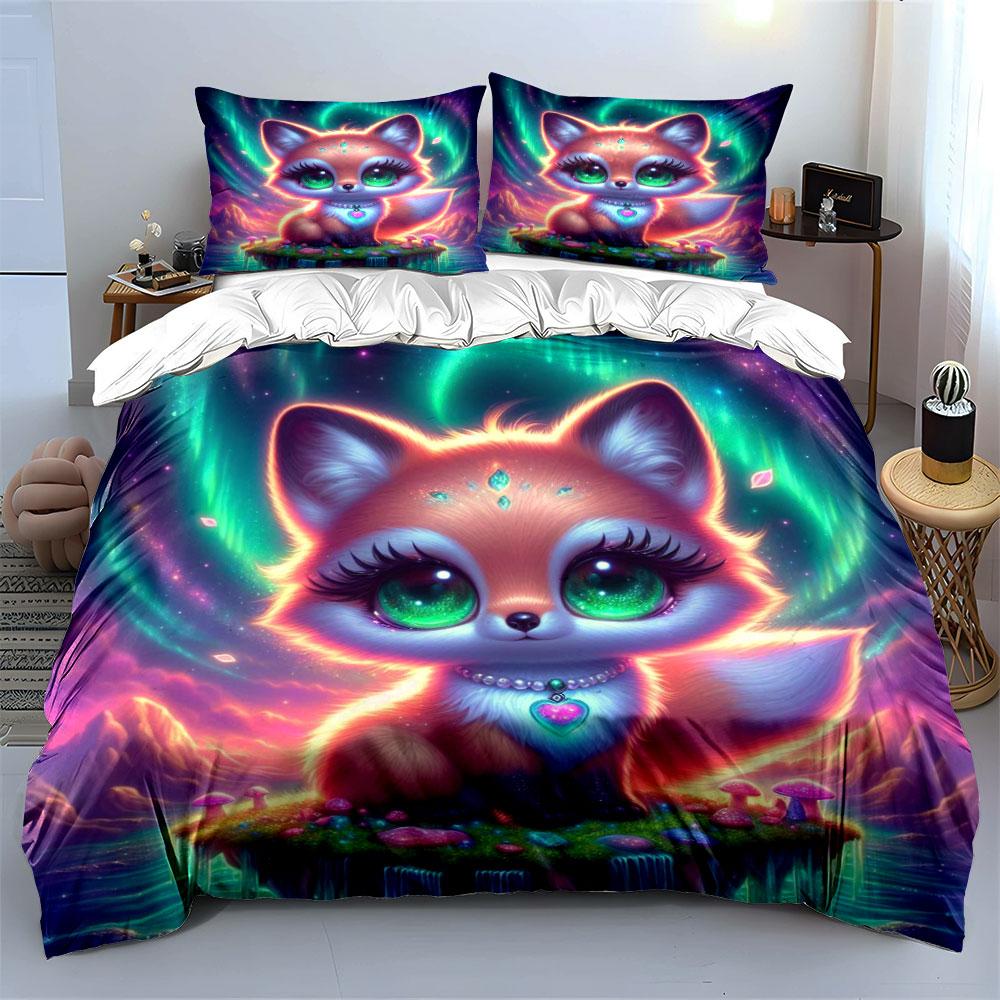 Dreamy Glowing Fox With Aurora Background Printed Duvet Cover Set1 Duvet Cover+2 Pillowcasemulti Size Bedroom Bedding Decor