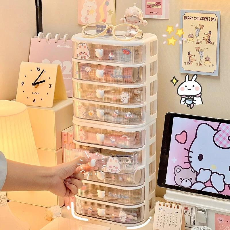 Desktop Storage Box Student Stationery Desk Multi-layer Organizer Clear Drawer with Cute Stickers Accessories Organizer Rack