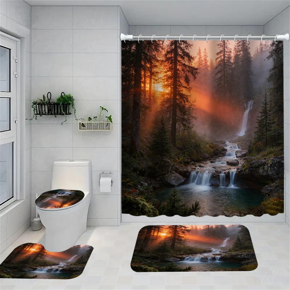 1/4 Rose Print Shower Curtains, Toilet Seat Decoration, Shower Curtain With Carpet And Toilet Lid, 70.8X70.8 Inch