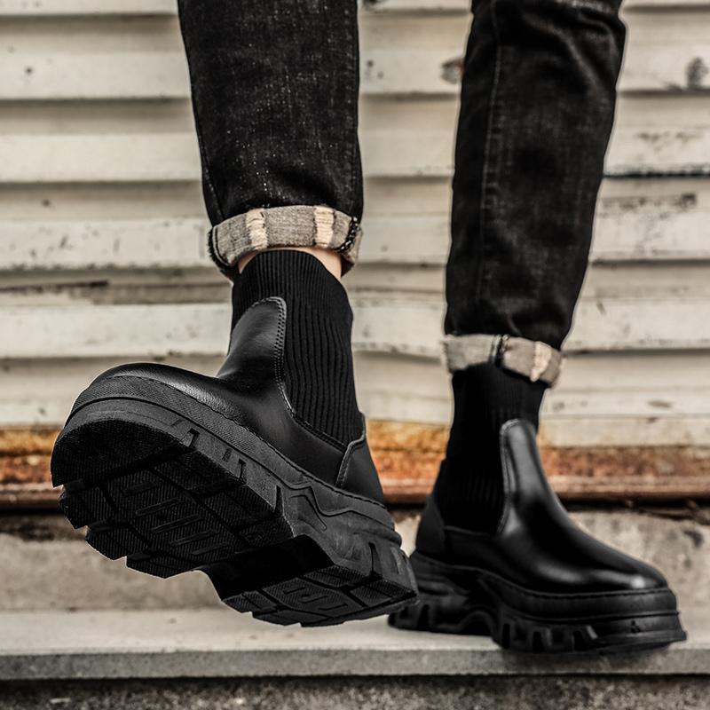 Autumn Winter Men's Chelsea Boots Fashion Designer Socks Boots Men Black Leather Ankle Boots Street High Top Tooling Shoes Men